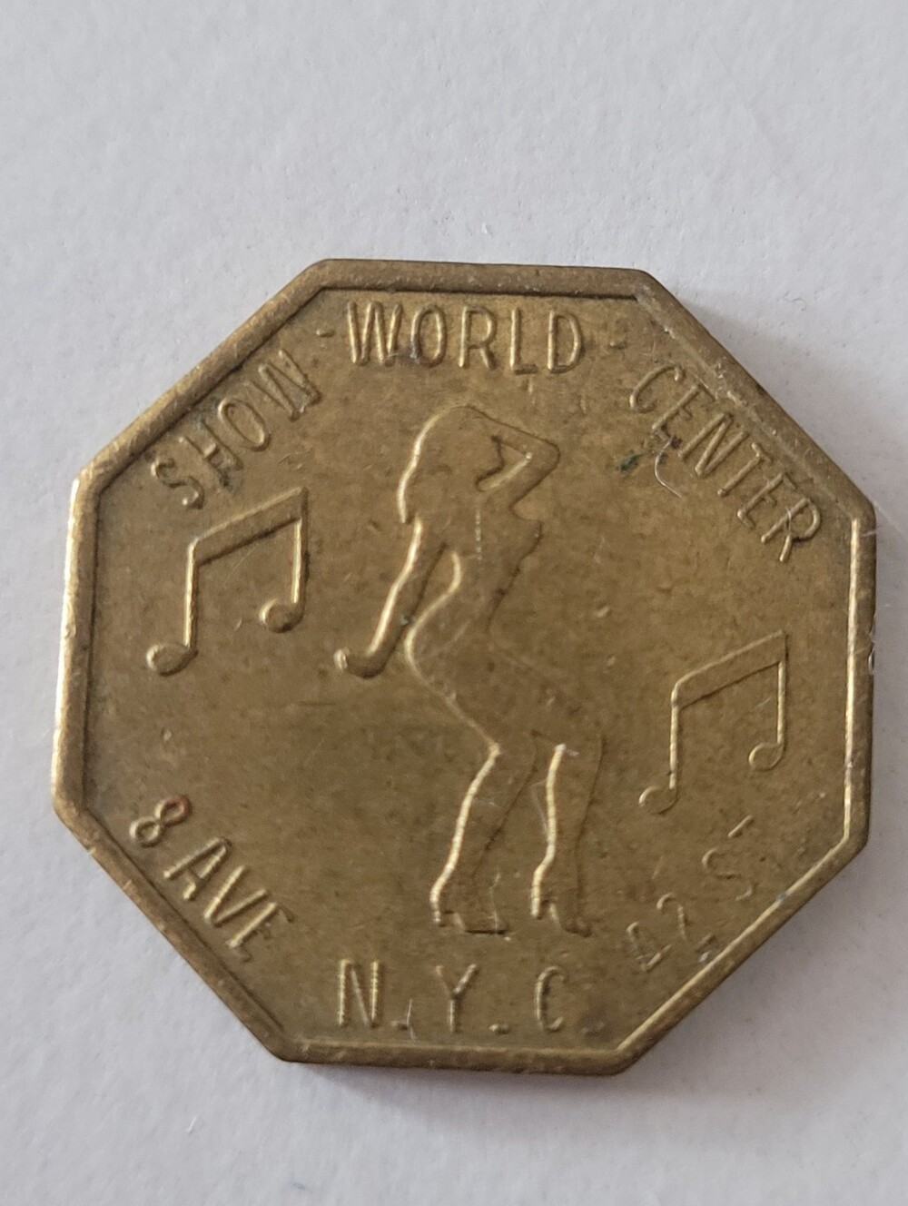 Vintage Show World Center NYC Peep Show Brass Token Octagonal Adult Exonumia